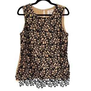 Lela Rose Neiman Marcus Tan Black Floral Lace Overlay Sleeveless Top M